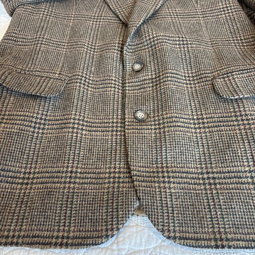 VTG Houndstooth Sport Coat Pure Wool Plaid 2 Button Brown Green‎ Preppy SZ 46L